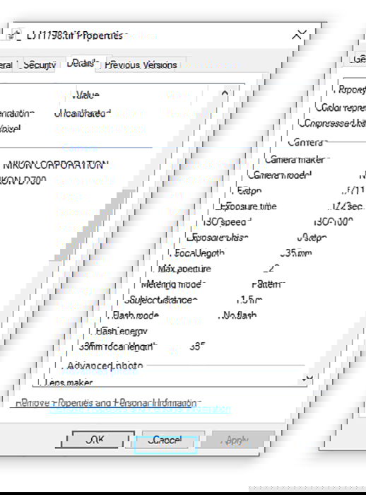 a screenshot of viewing exif data of a photograph